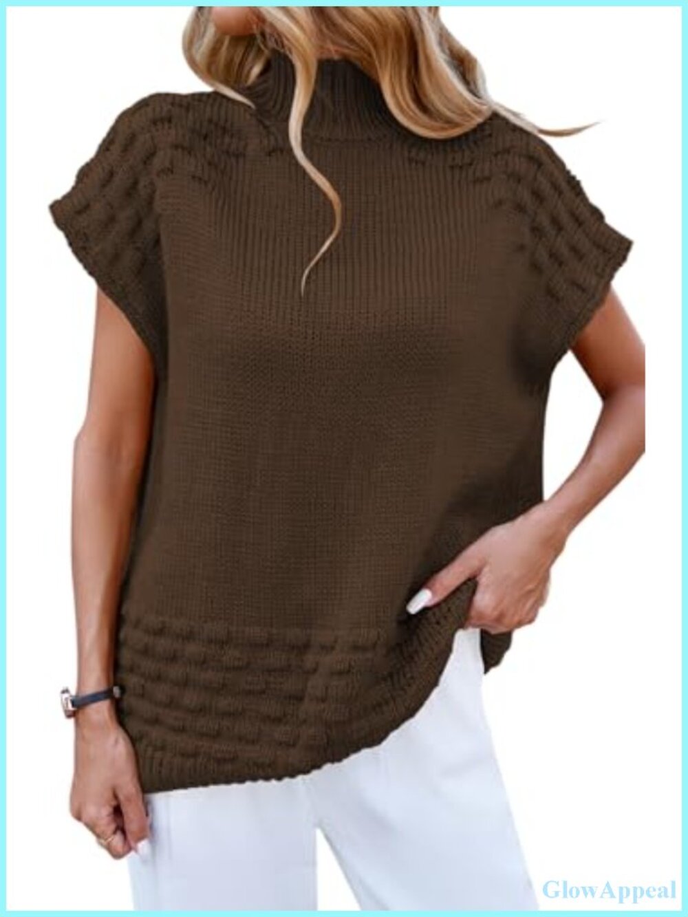 Oversized Mock Neck Sweater Vest Cap Sleeve Pullover Knit